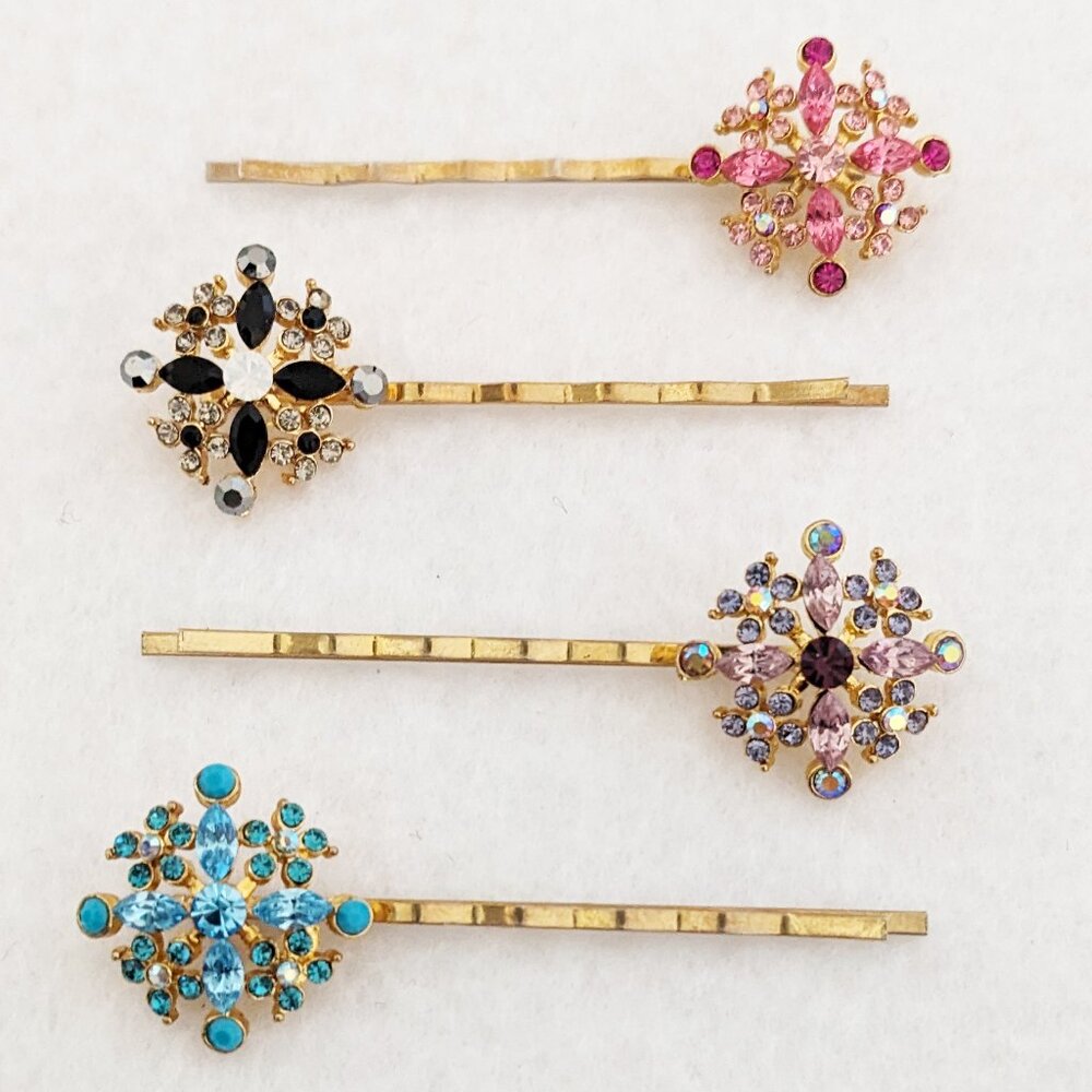 Set of Four Rhinestone Blue Purple Pink Black Hair Clips